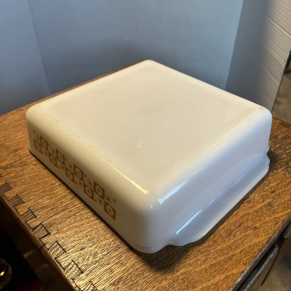 Vtg Fire King Gold Atomic Starburst Milk Glass Casserole Dish Square MCM 8in